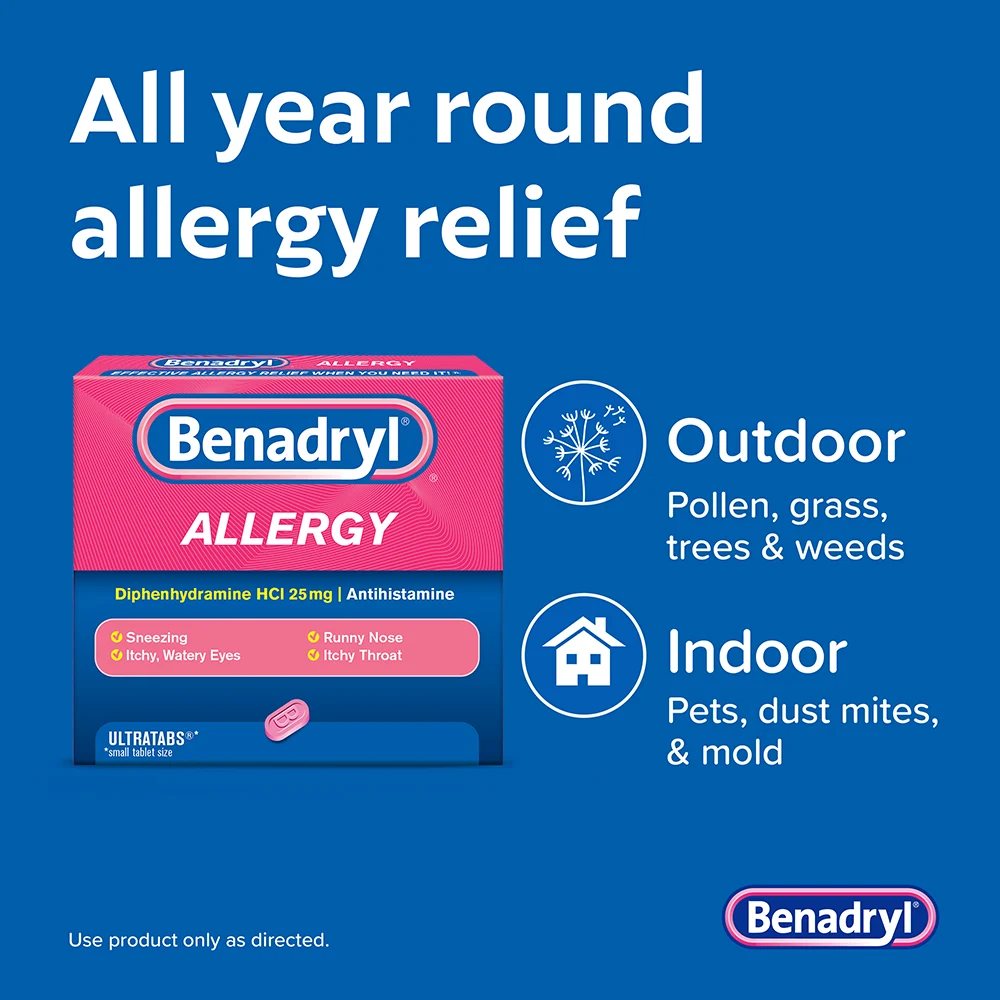 BENADRYL® Allergy ULTRATABS® Tablets box with text 'All year round allergy relief' and icons indicating relief from outdoor pollen, grass, trees, weeds and indoor pets, dust mites, mold.