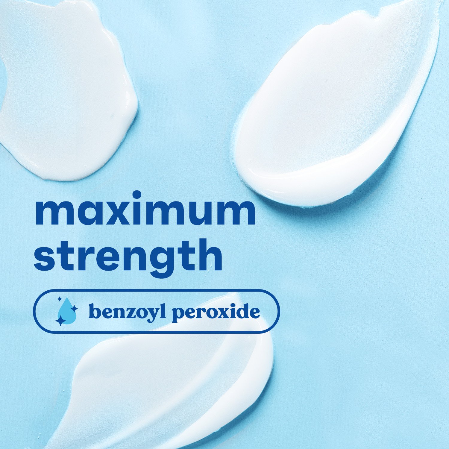 Close-up image featuring ‘Maximum Strength’ text alongside benzoyl peroxide, with a highly zoomed-in view of the Clean & Clear Persa-Gel® 10 ingredient, emphasizing its potency and effectiveness against acne.