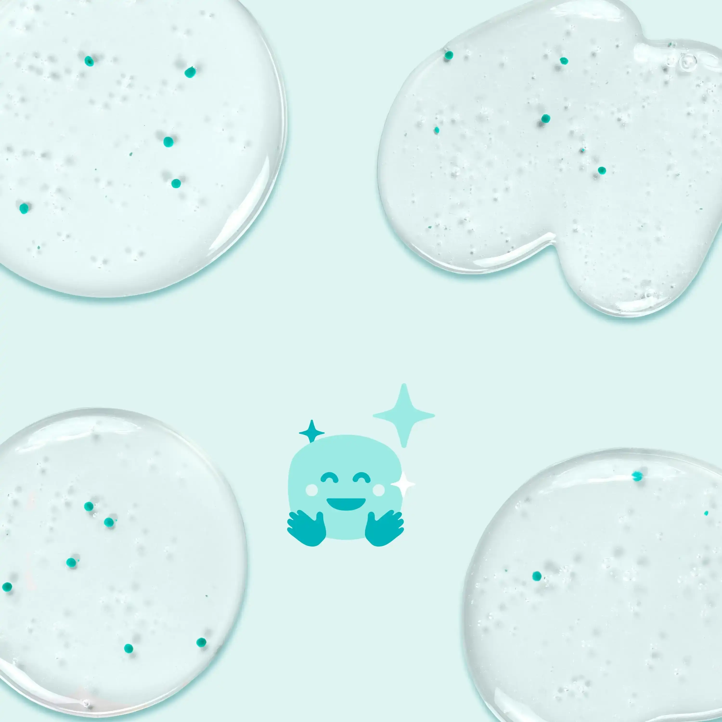Clear gel blobs with blue specks scattered evenly on a light teal background; a small, smiling face icon with sparkles and open hands is centered between the blobs.