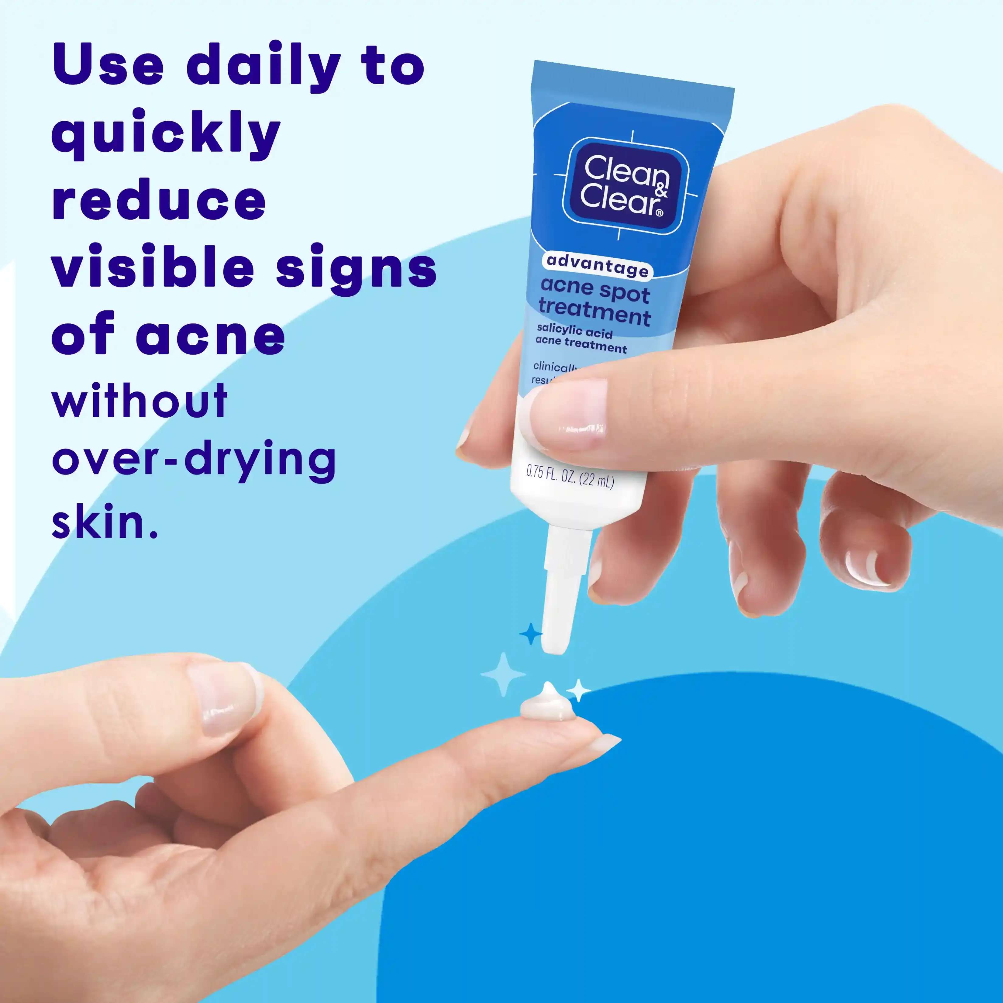 Hand dispensing Clean & Clear® Advantage Acne Spot Treatment to reduce visible acne signs daily