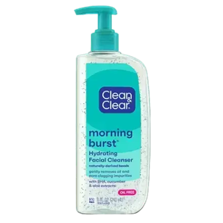 A clear pump bottle dispenses facial cleanser, labeled "Clean & Clear morning burst Hydrating Facial Cleanser." The text highlights: "naturally-derived beads," "gently removes oil," "with BHA, cucumber, and aloe extracts," and "oil-free."