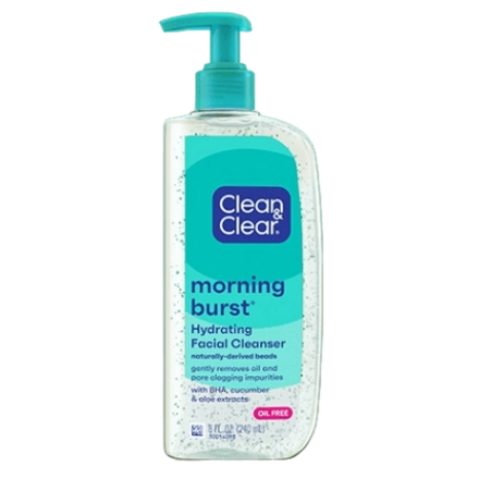 A clear pump bottle dispenses facial cleanser, labeled "Clean & Clear morning burst Hydrating Facial Cleanser." The text highlights: "naturally-derived beads," "gently removes oil," "with BHA, cucumber, and aloe extracts," and "oil-free."