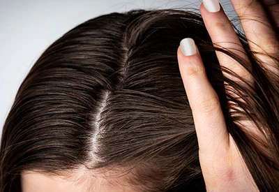 Close up of the top of a woman’s head with long brown hair running her fingers through her hair.