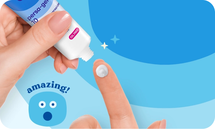 A hand squeezes "persa-gel 10" acne treatment onto a fingertip against a blue background. Text reads "OIL FREE" and "amazing!" alongside a surprised face illustration.