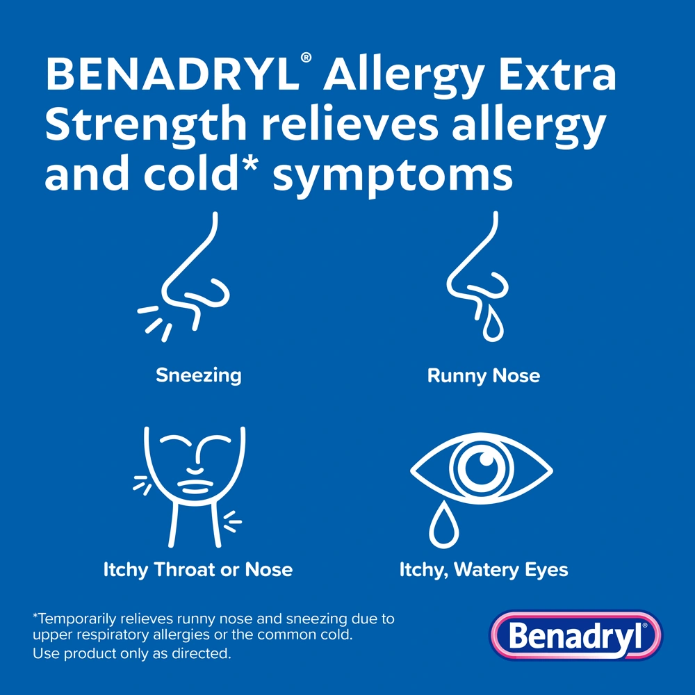 BENADRYL® Extra Strength Tablets highlighting relief for sneezing, runny nose, itchy throat or nose, and itchy, watery eyes.