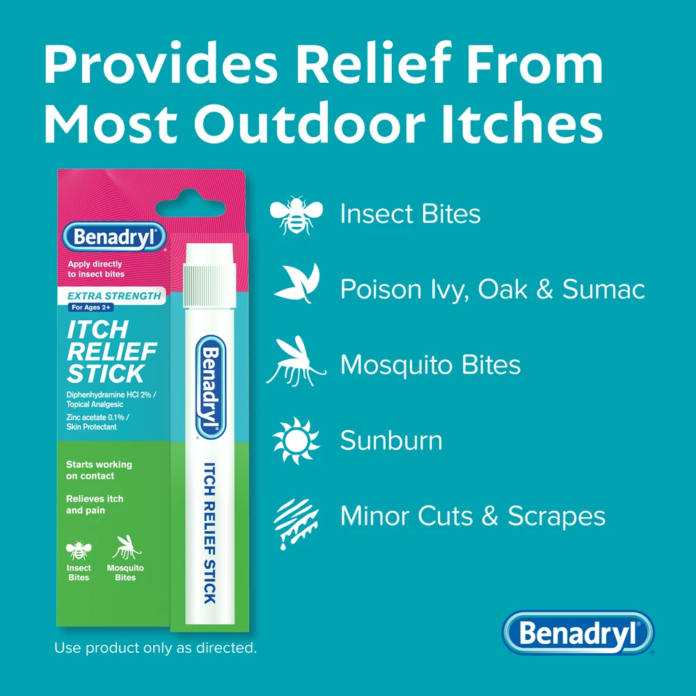 BENADRYL®  Itch Relief Stick packaging with text listing uses for insect bites, poison ivy, oak, sumac, mosquito bites, sunburn, and minor cuts and scrapes.
