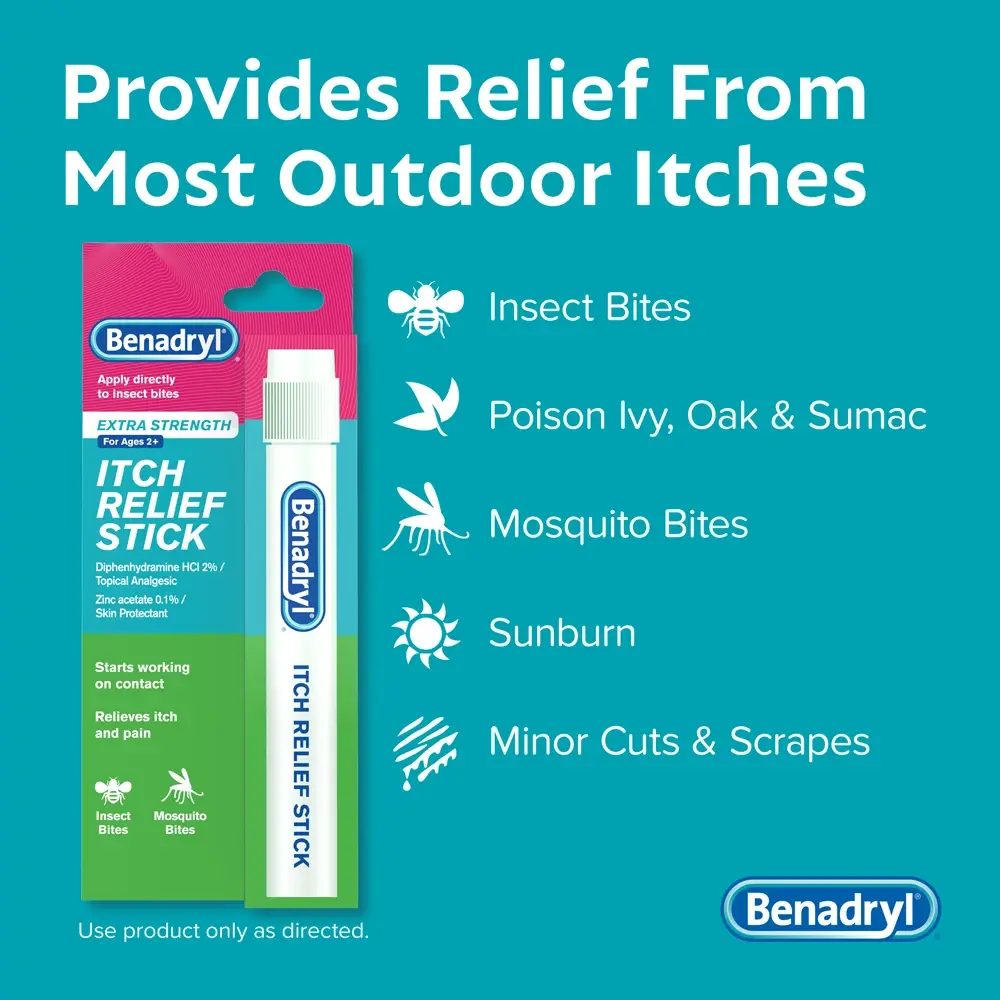 BENADRYL®  Itch Relief Stick packaging with text listing uses for insect bites, poison ivy, oak, sumac, mosquito bites, sunburn, and minor cuts and scrapes.