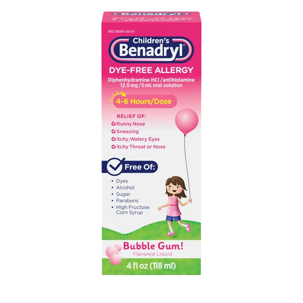 Children’s BENADRYL® Dye-Free Allergy Liquid bubble gum flavor 4 Fl. Oz package front
