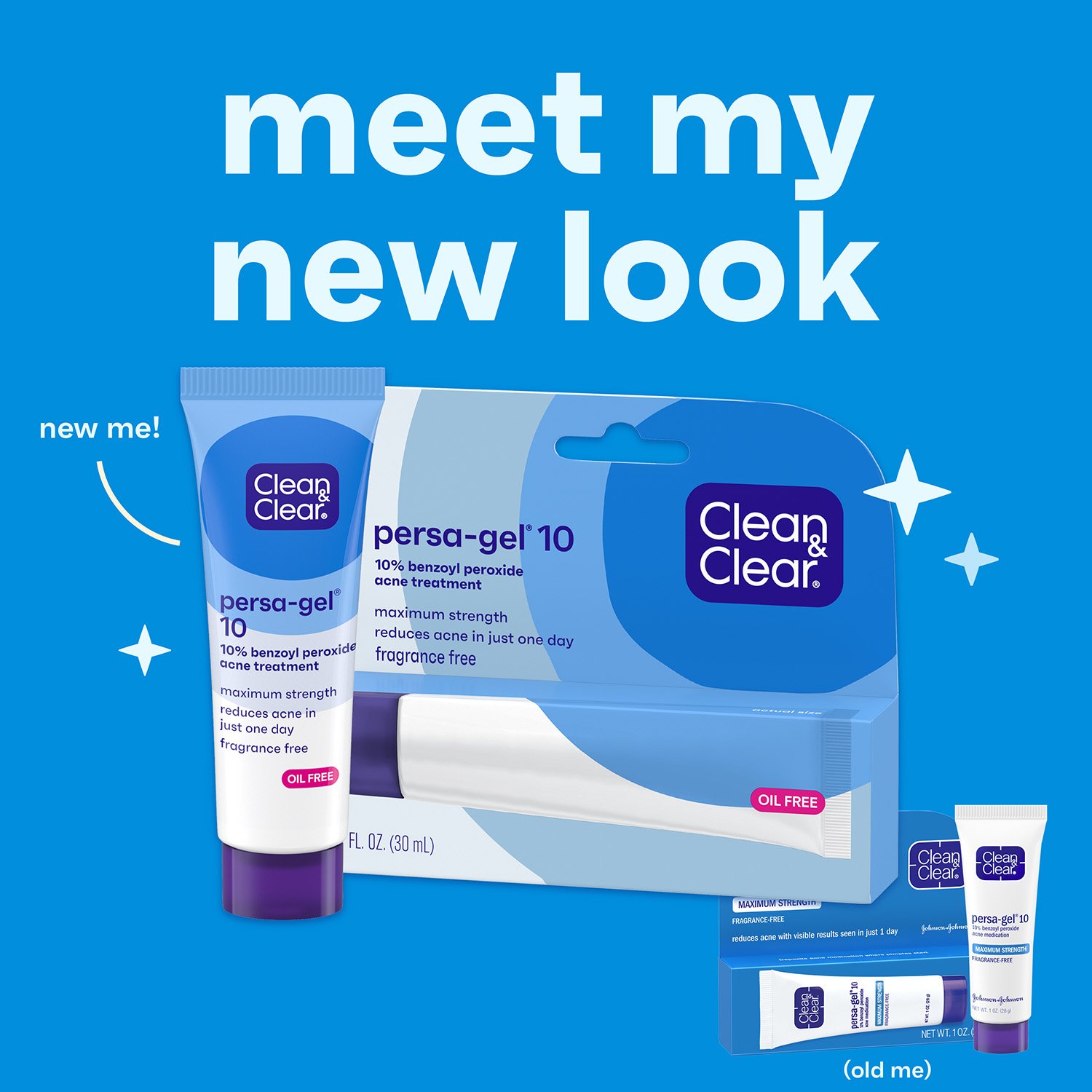 Clean & Clear Persa-Gel® 10 package displayed with the text ‘Meet My New Look’ above, showcasing the updated design alongside a smaller set of the previous version for comparison.