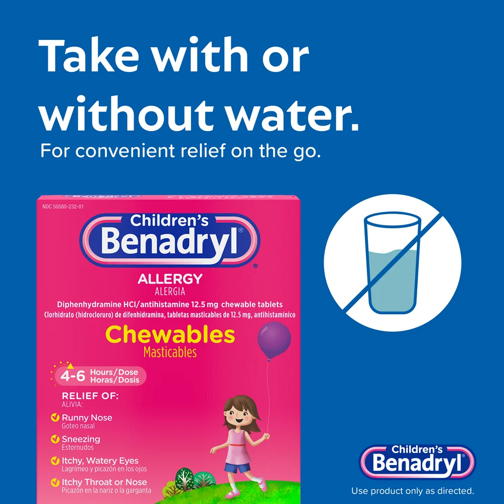 Children’s BENADRYL® Grape Flavored Chewable Tablets packaging with text 'Take with or without water. For convenient relief on the go.' and a crossed-out glass of water.