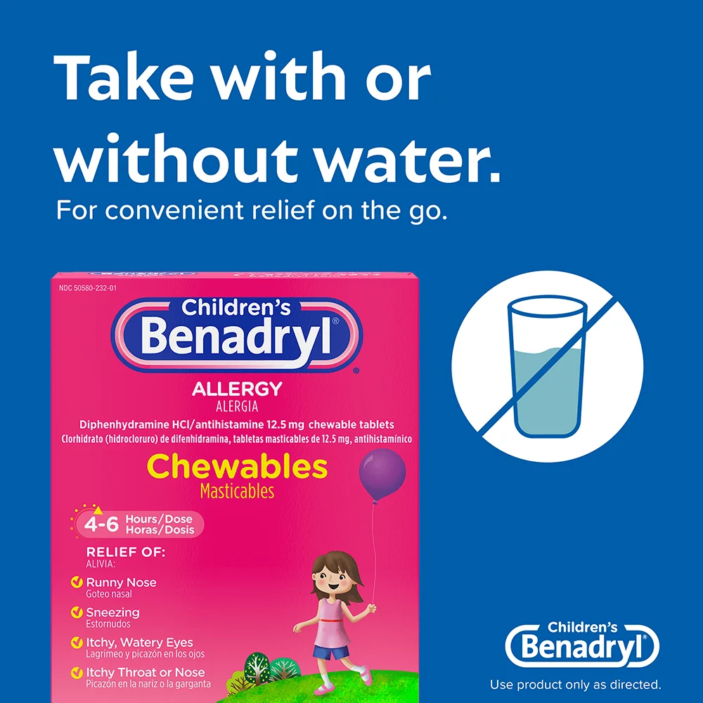 Children’s BENADRYL® Grape Flavored Chewable Tablets packaging with text 'Take with or without water. For convenient relief on the go.' and a crossed-out glass of water.