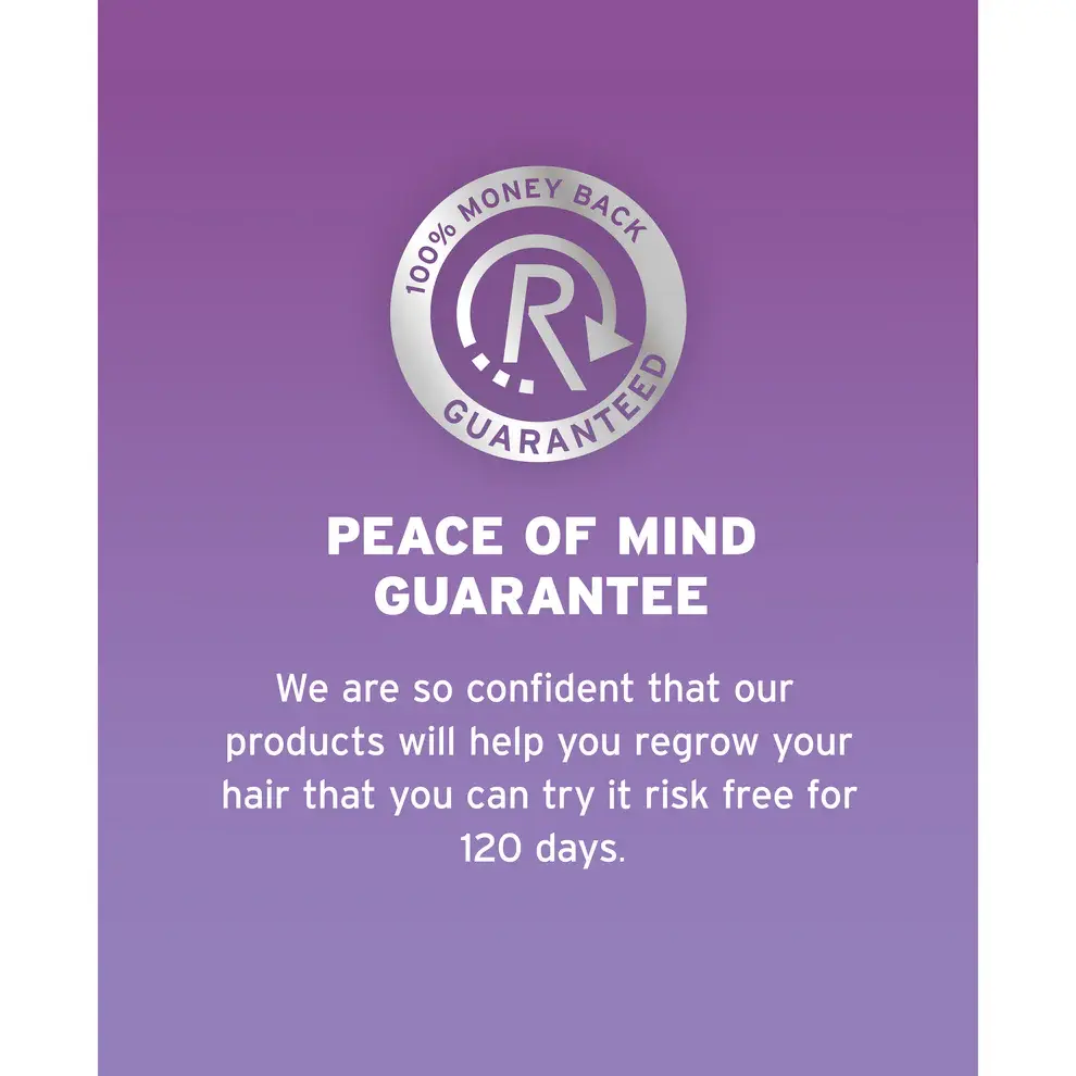 ROGAINE®'s 100% money back guarantee on a purple background.