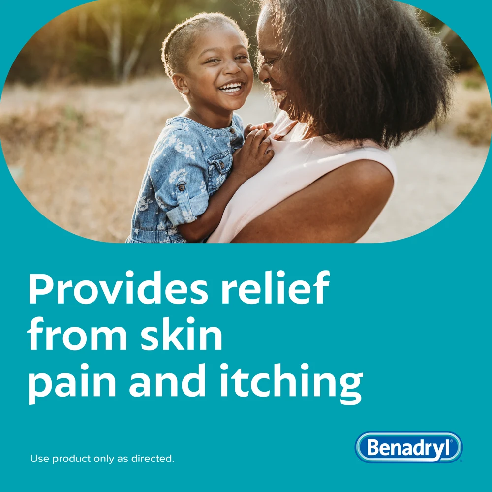 Person holding child outdoors, text overlay reads 'Provides relief from skin pain and itching,' BENADRYL®  logo at the bottom.