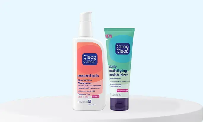 Clean & Clear® packaging of Essentials Dual Action Moisturizer and Daily Mattifying Moisturizer