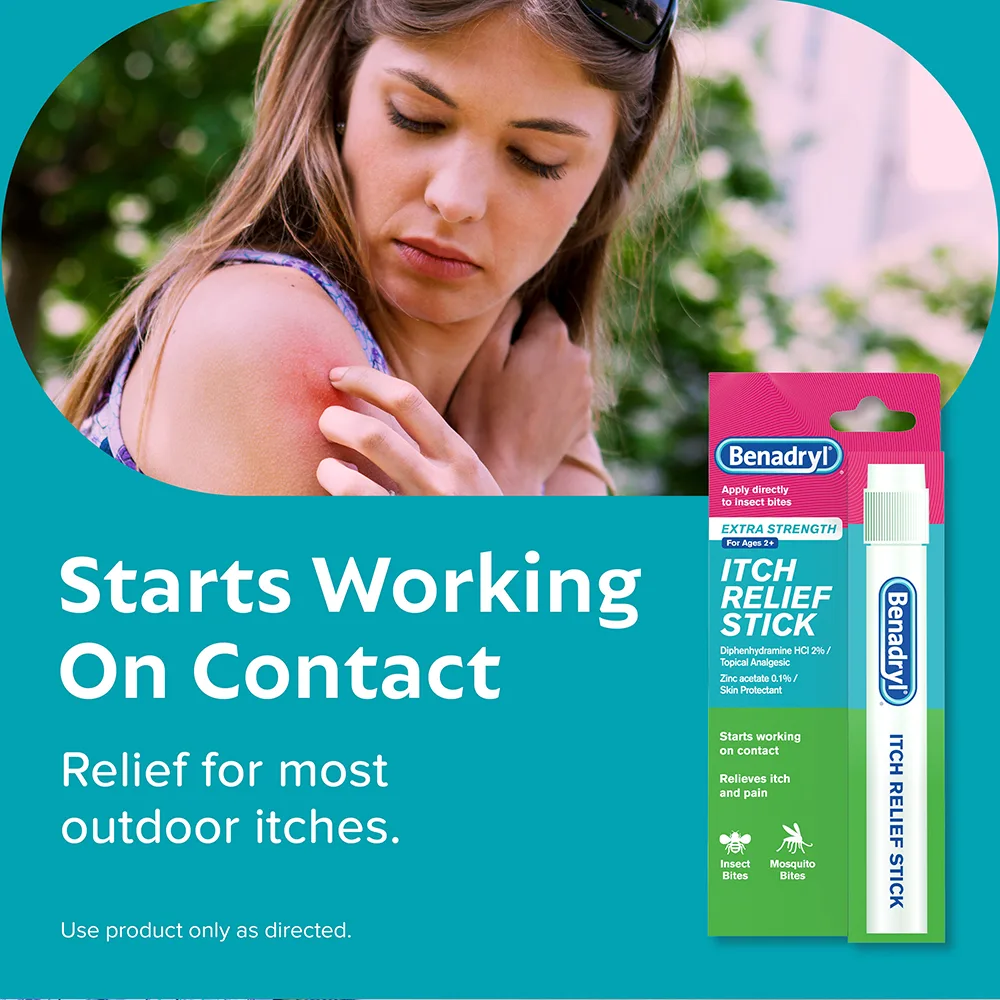 Person scratching red irritated skin on arm, BENADRYL®  Itch Relief Stick packaging displayed, text 'Starts Working On Contact', 'Relief for most outdoor itches'.