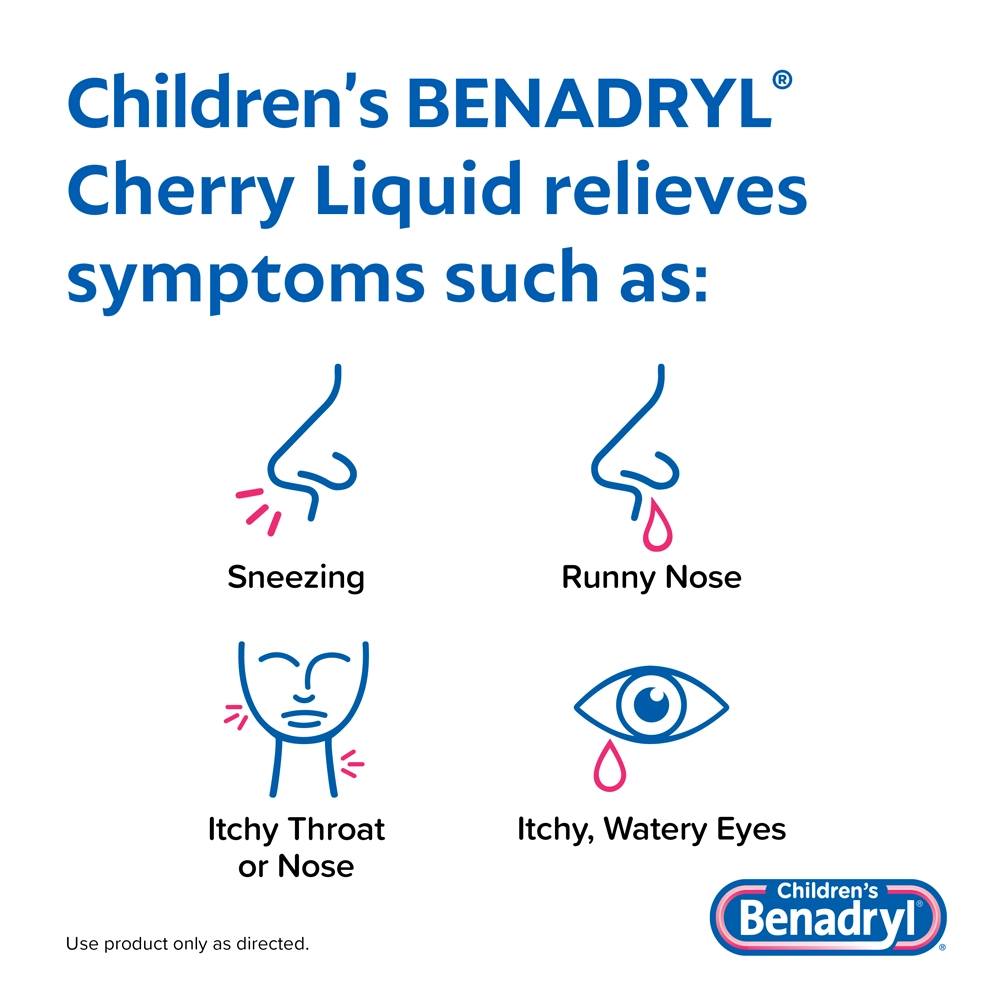 Children's BENADRYL®  Allergy Liquid cherry flavor relieves symptoms such as sneezing, runny nose and itchiness