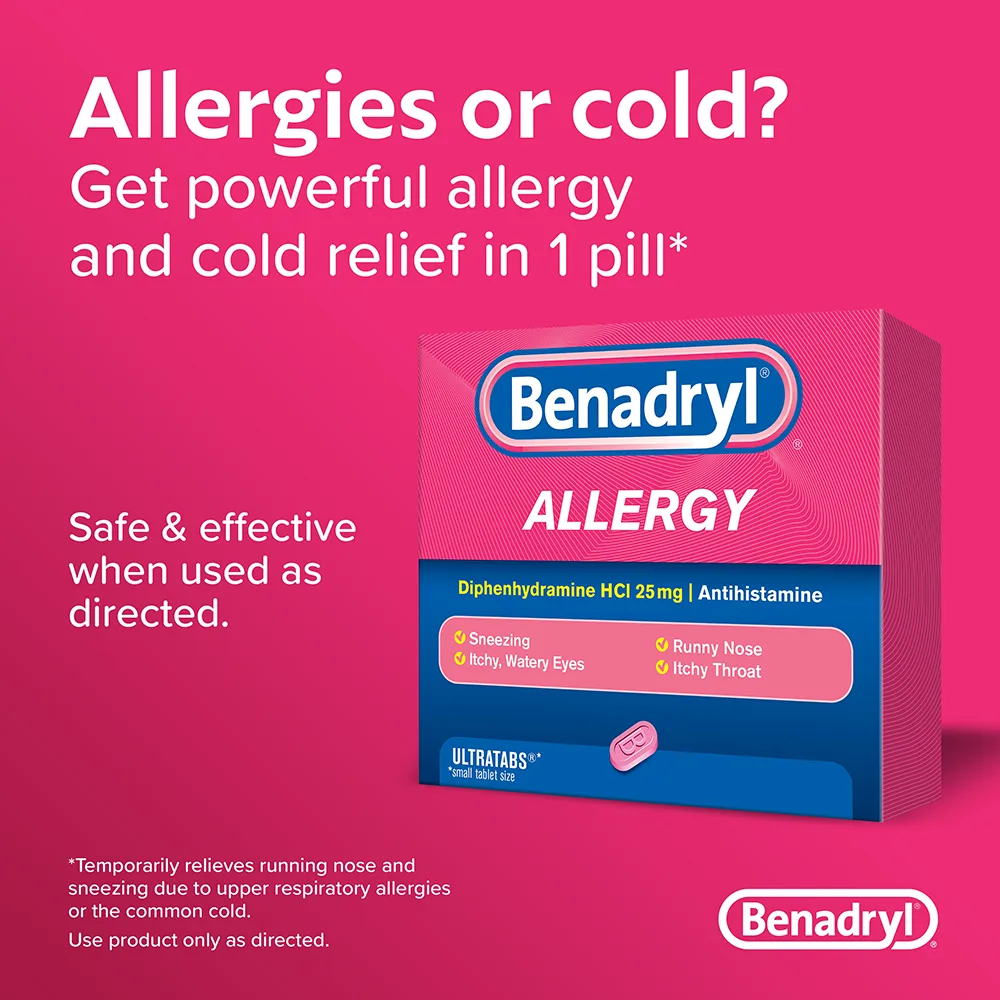 BENADRYL® Allergy ULTRATABS® Tablets on a pink background with text highlighting relief from sneezing, itchy watery eyes, runny nose, and itchy throat.