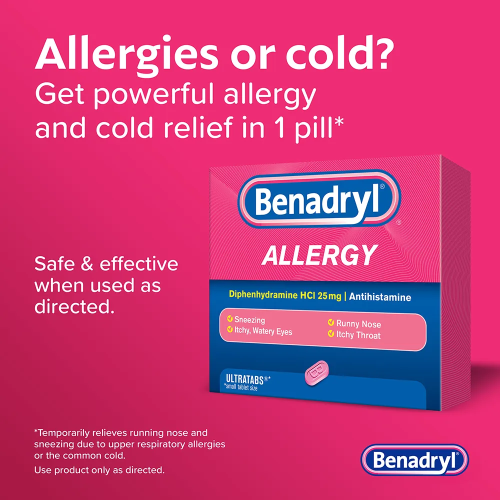 BENADRYL® Allergy ULTRATABS® Tablets on a pink background with text highlighting relief from sneezing, itchy watery eyes, runny nose, and itchy throat.