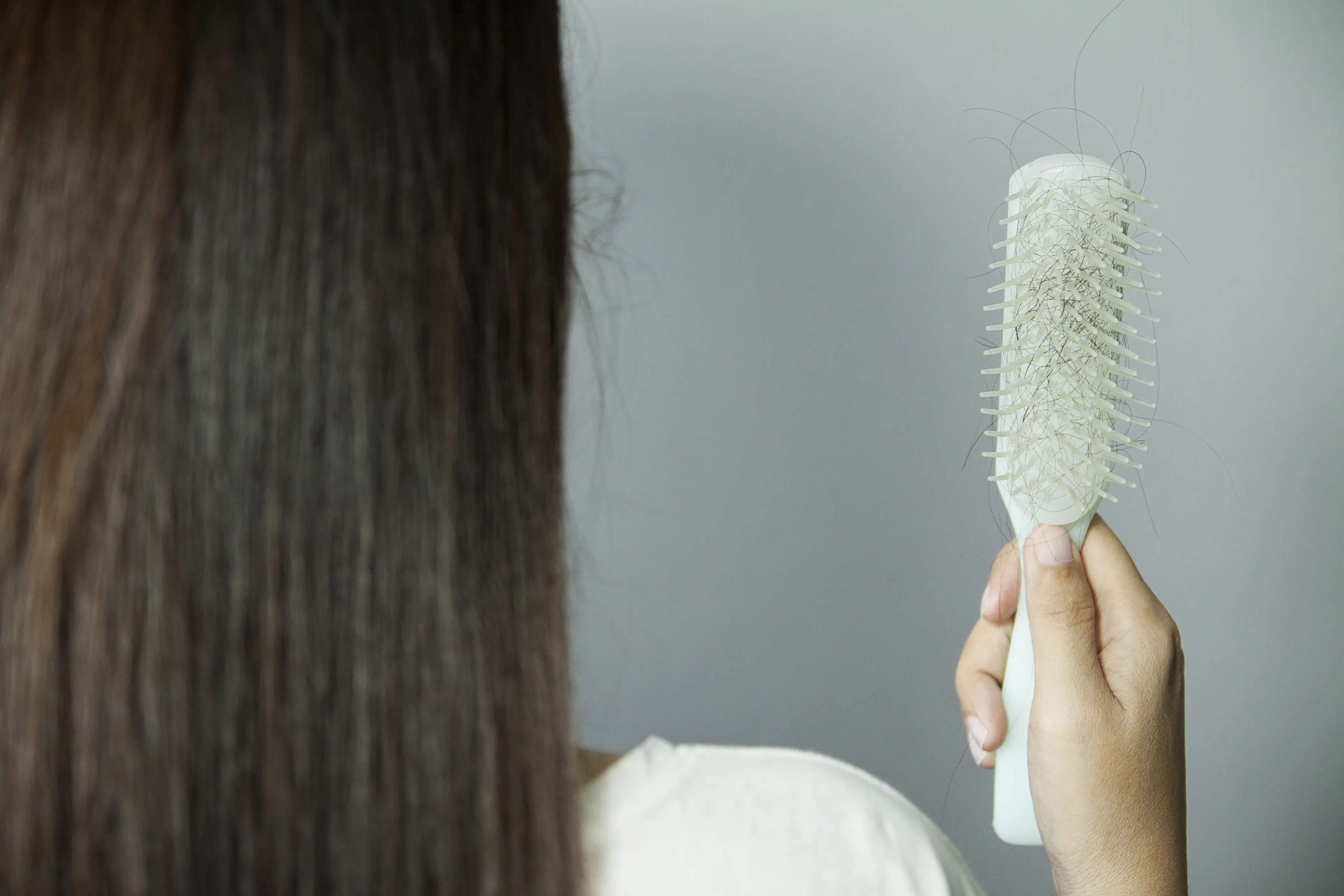 The back of a head of a woman with long brown hair as she gazes at her hair brush containing hair that has fallen out