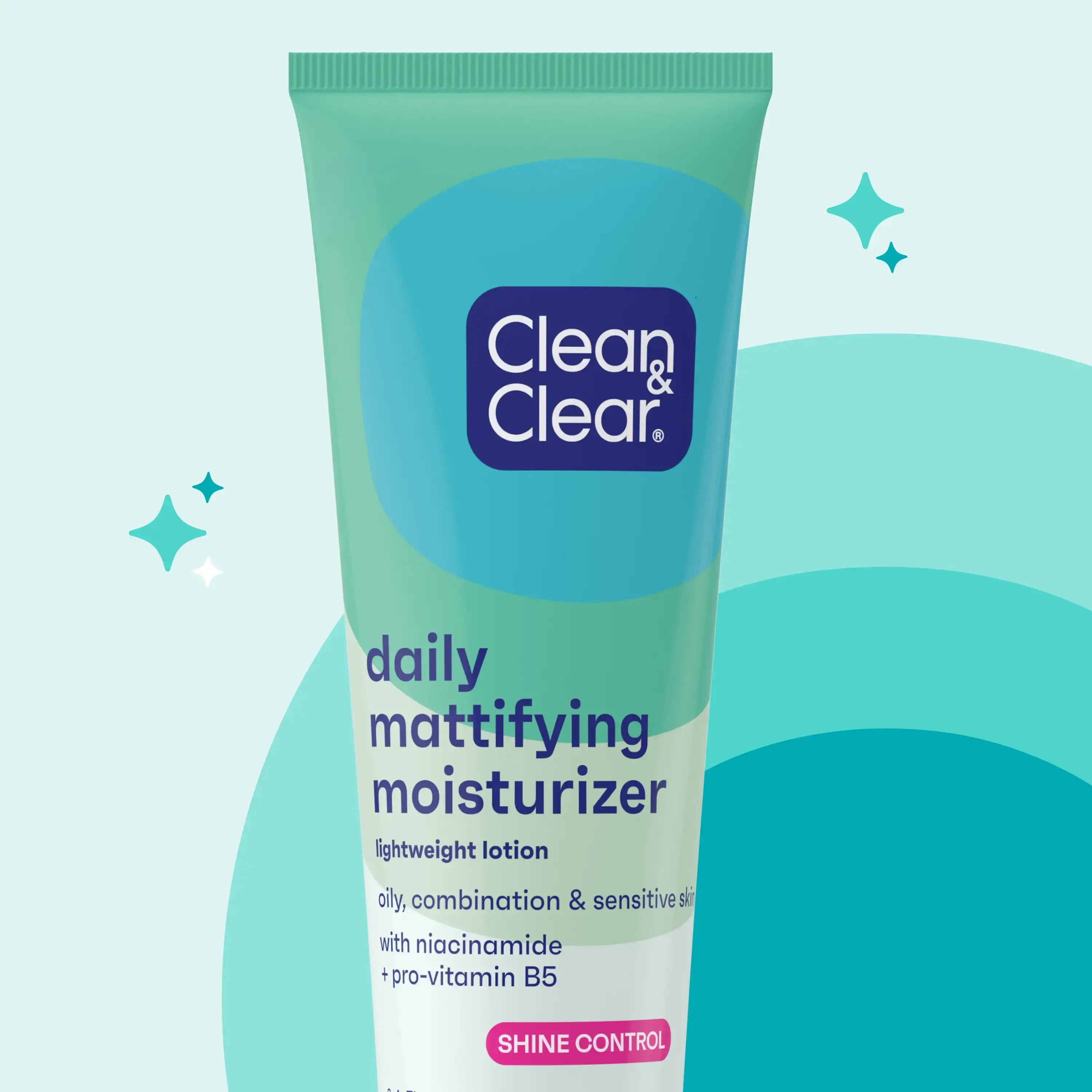 Clean & Clear® Daily Mattifying Moisturizer packaging with colorful teal background