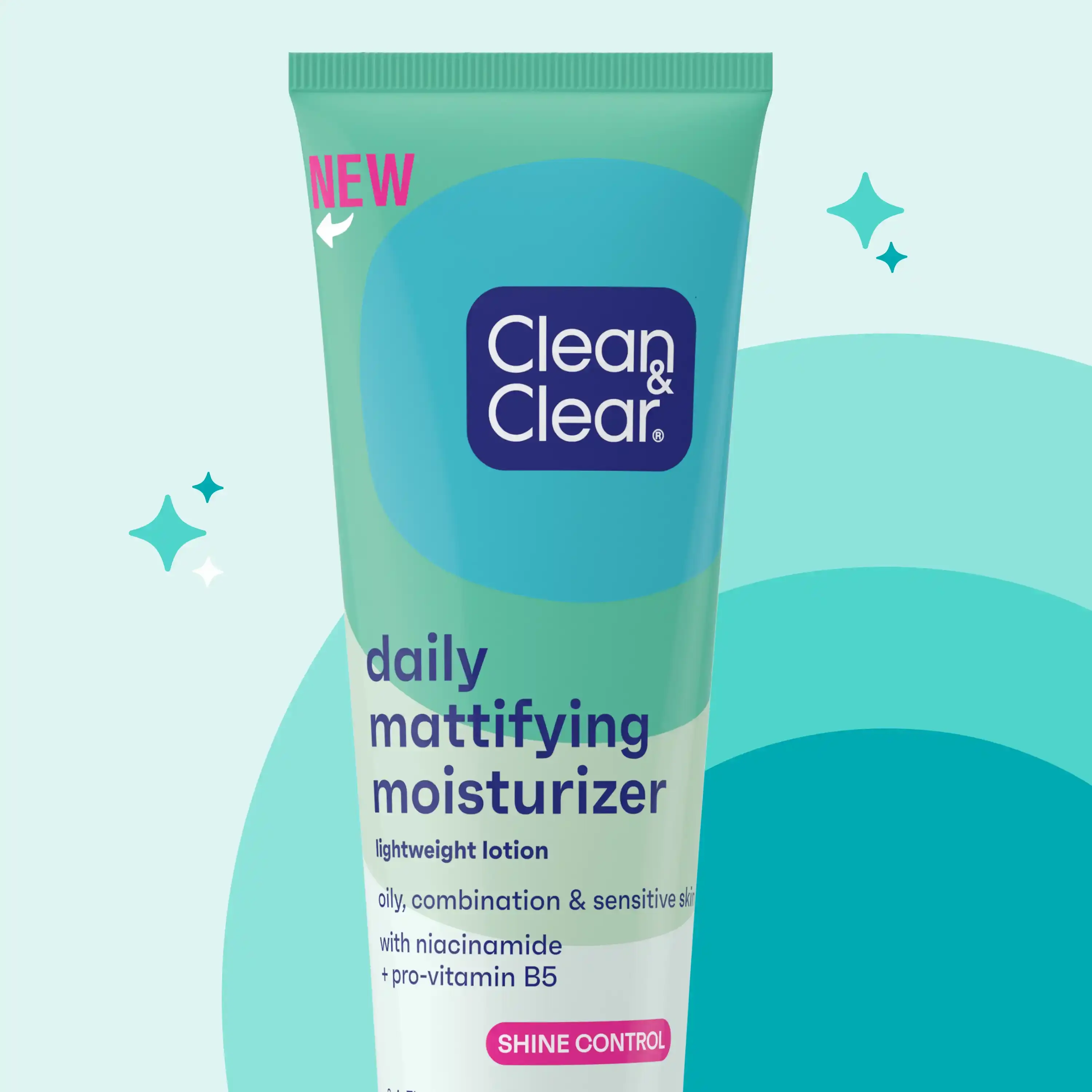 Clean & Clear® Daily Mattifying Moisturizer packaging with colorful teal background