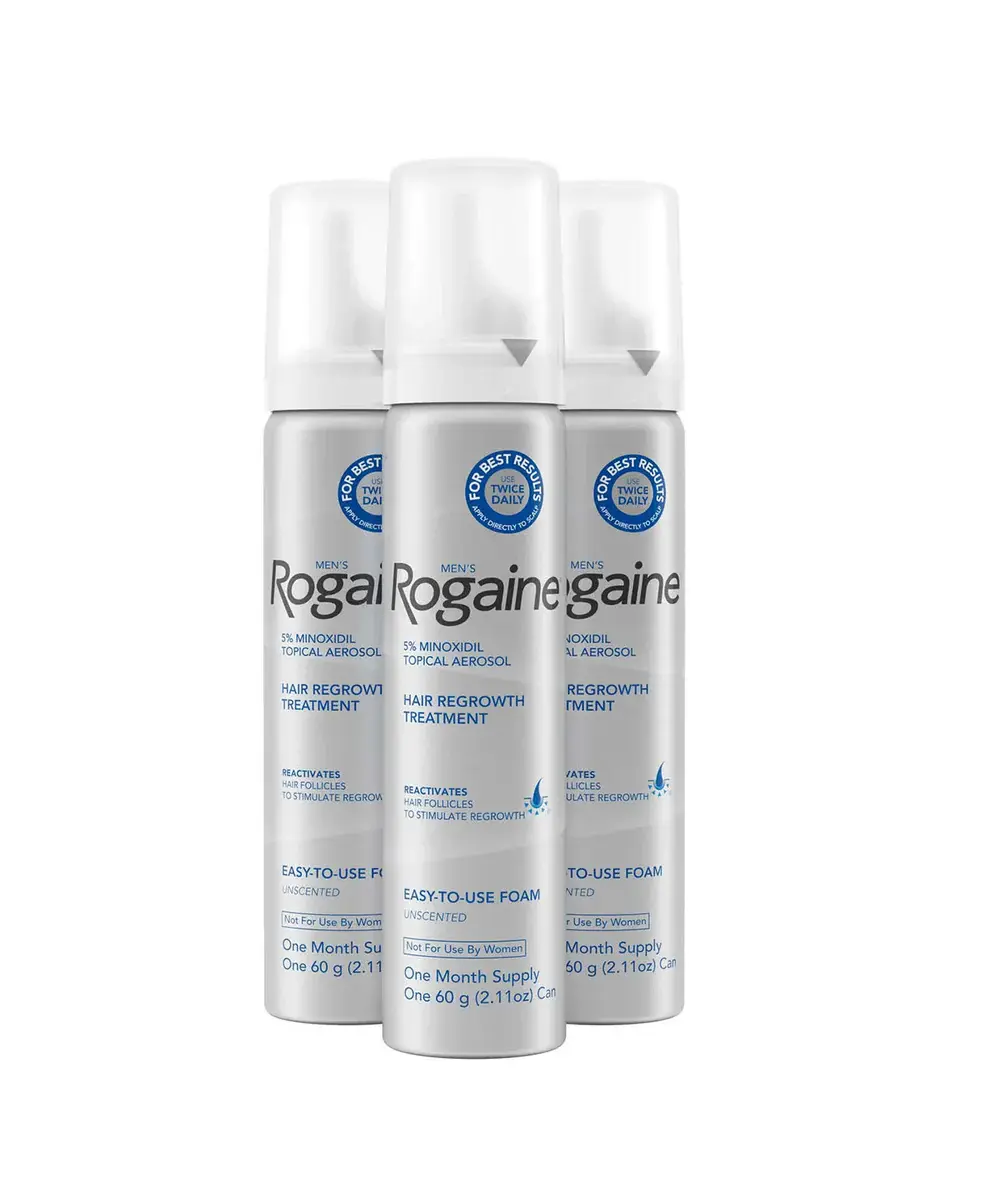 3-month supply of Men’s ROGAINE® Foam on a white background.