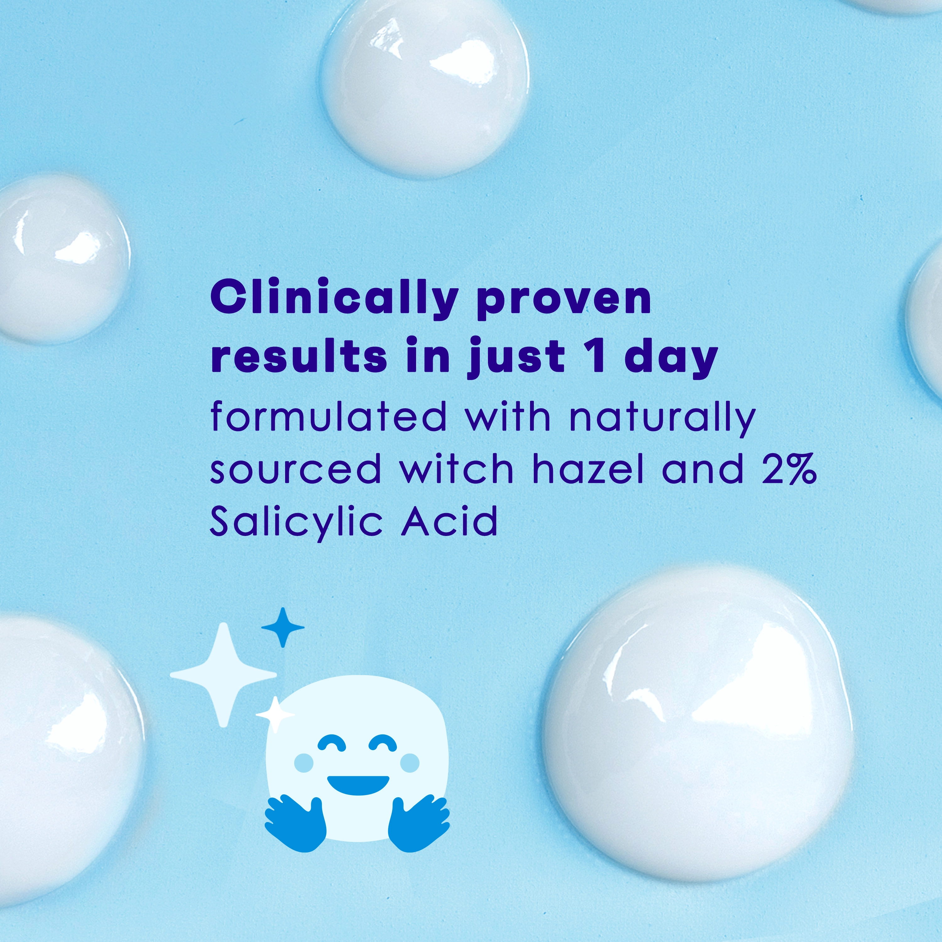 White cream droplets rest on a light blue background. Text reads, "Clinically proven results in just 1 day formulated with naturally sourced witch hazel and 2% Salicylic Acid." A smiling cartoon face icon is present.