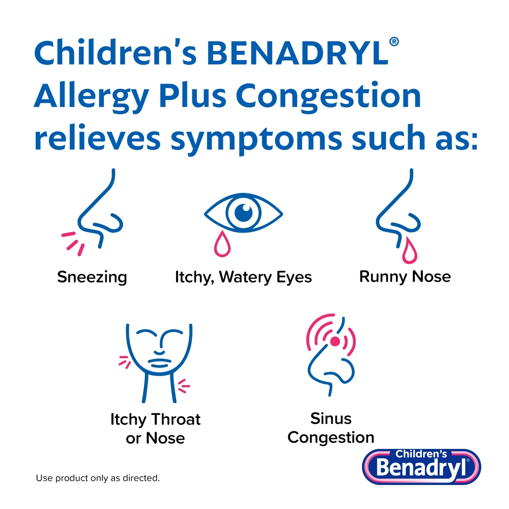 Children's BENADRYL® Allergy Plus Congestion Grape flavor relieves symptoms such as sneezing, itchy watery eyes, runny nose, itchy throat or nose, and  sinus congestion.