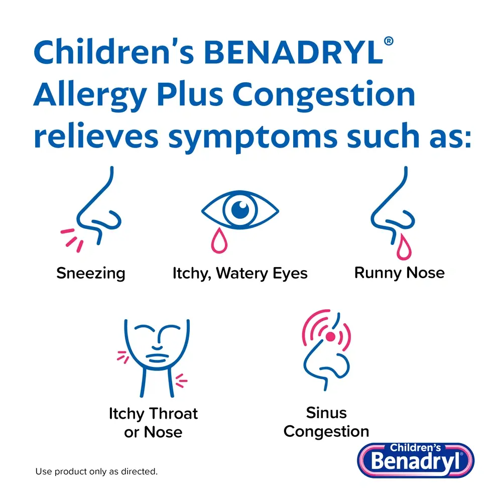 Children's BENADRYL® Allergy Plus Congestion Grape flavor relieves symptoms such as sneezing, itchy watery eyes, runny nose, itchy throat or nose, and  sinus congestion.