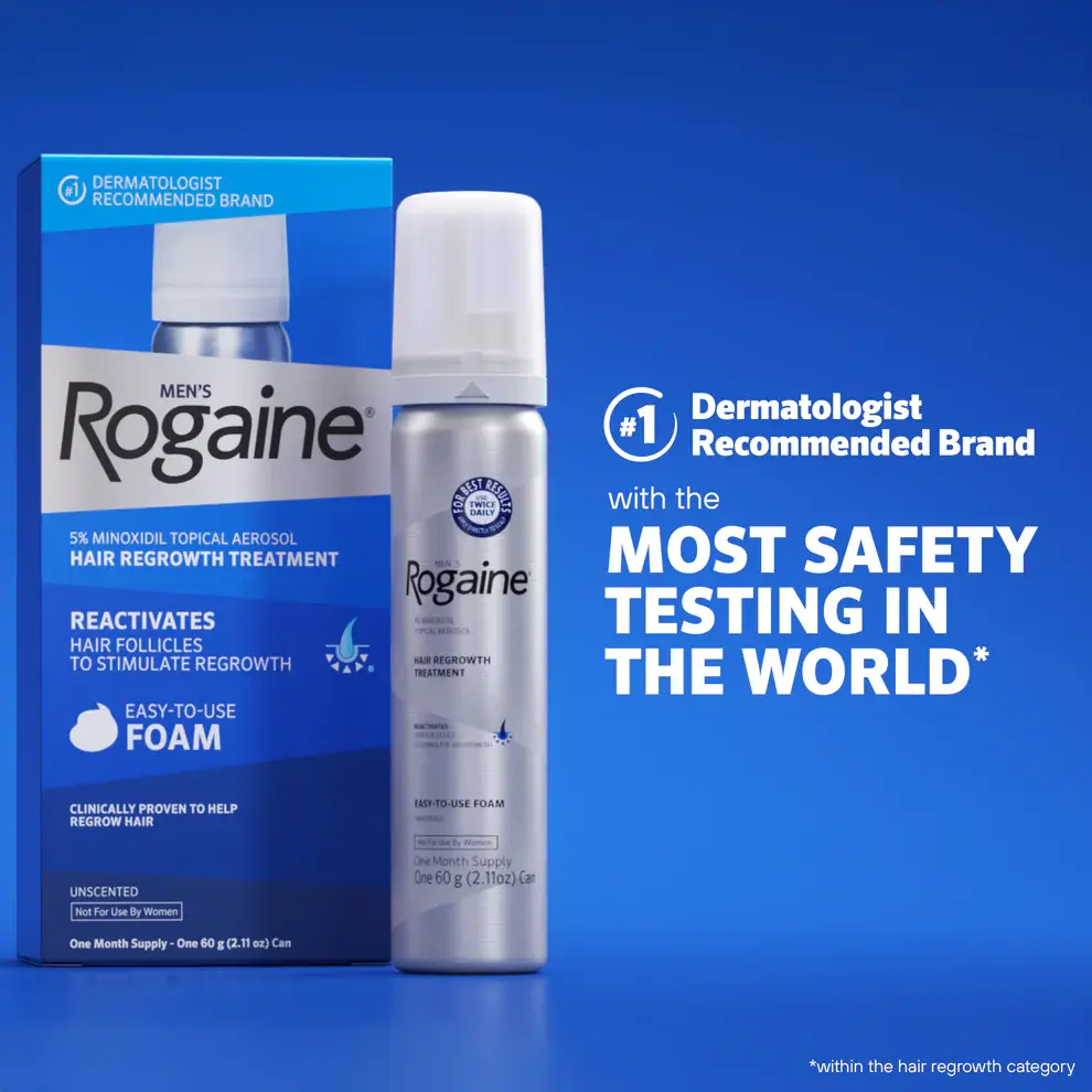 Bottle of Men’s Rogaine Foam and packaging on a blue background.