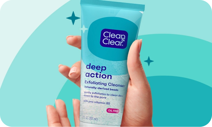 A hand holds a blue tube of Clean & Clear deep action exfoliating cleanser against a turquoise background. Text reads: "naturally-derived beads, gently exfoliates to clean deep down to the pore, with pro-vitamin B5, oil-free, 7 FL OZ (207 mL)."