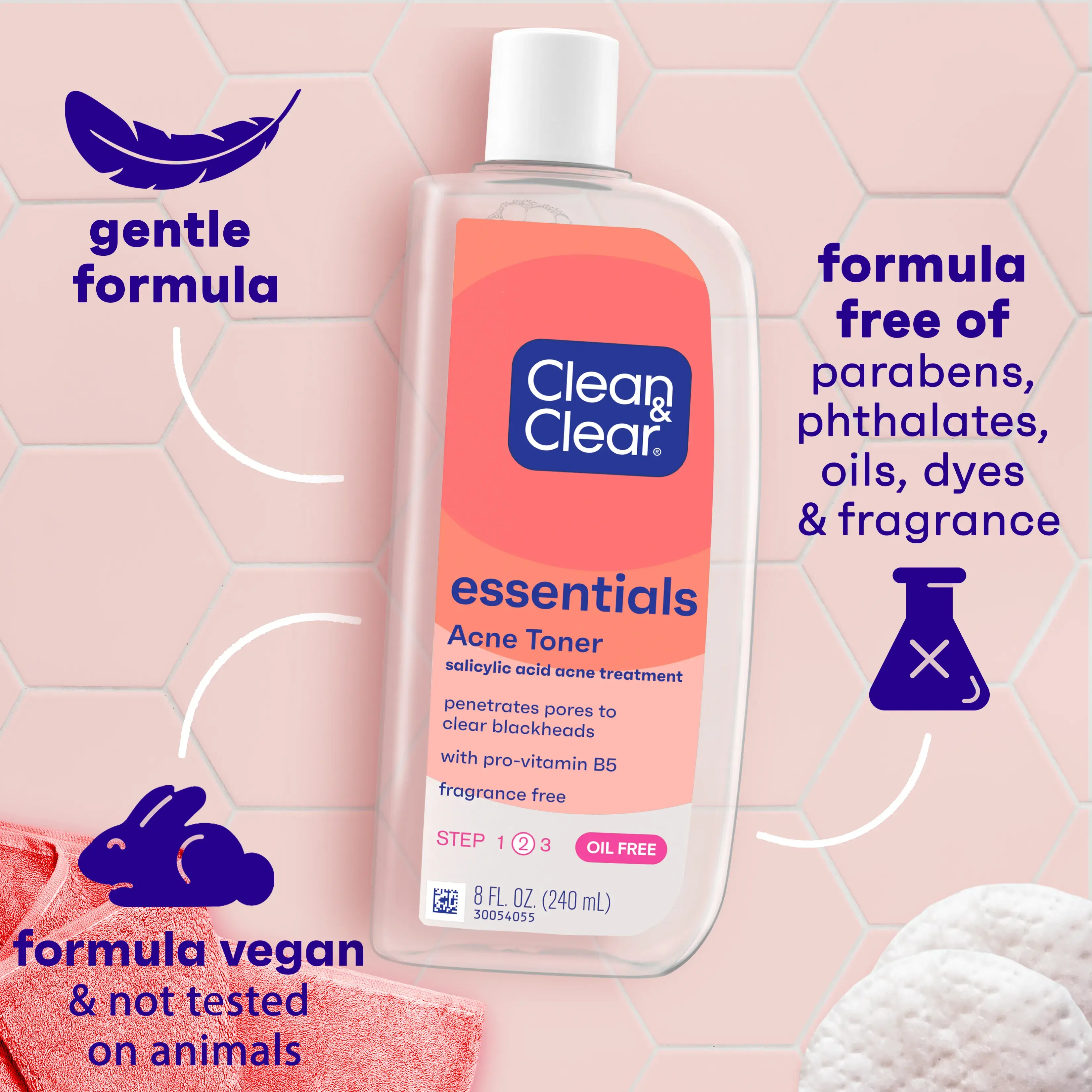 Clean & Clear® Toner: gentle formula, formula free of parabens, phthalates, oils, dyes & fragrance, formula vegan & not tested on animals.