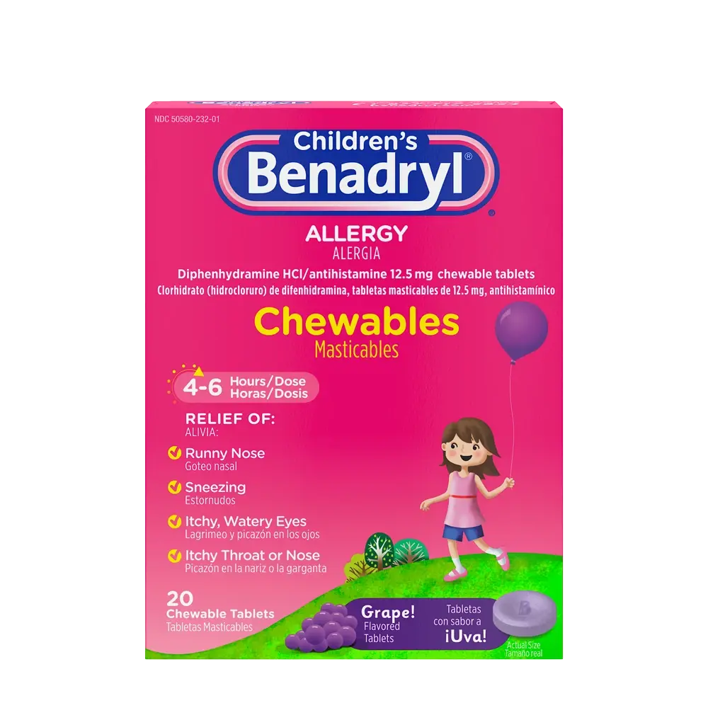 Children’s BENADRYL® Grape Flavored Chewable Tablets package front