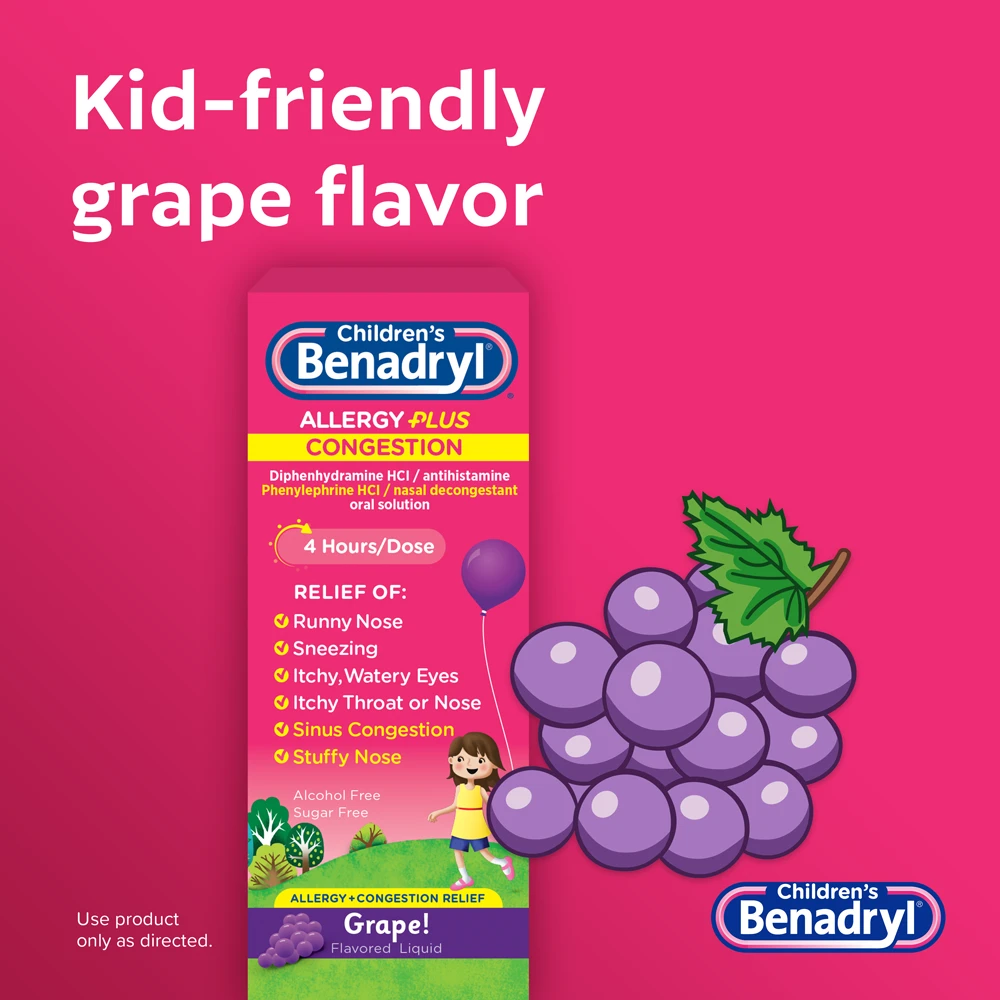 Children's BENADRYL® Allergy Plus Congestion Grape flavor liquid medicine for kids, providing relief for runny nose, sneezing, itchy eyes, throat,  congestion, and stuffy nose.