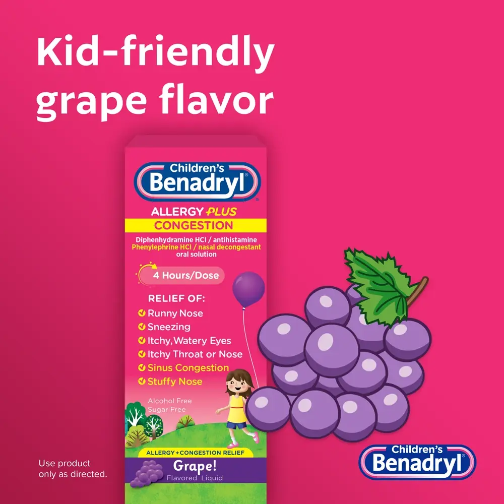 Children's BENADRYL® Allergy Plus Congestion Grape flavor liquid medicine for kids, providing relief for runny nose, sneezing, itchy eyes, throat,  congestion, and stuffy nose.