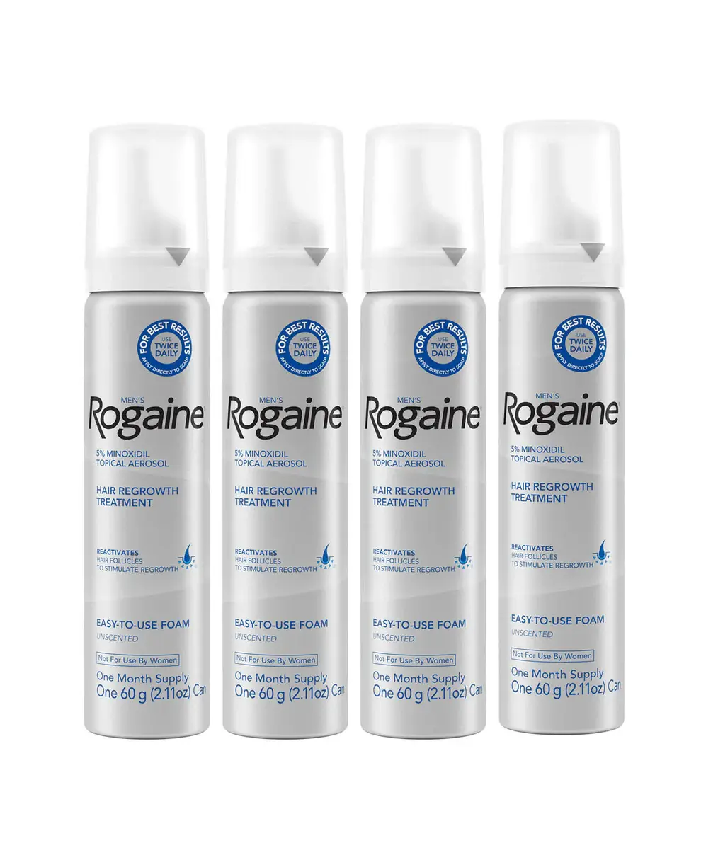 4-month supply of Men’s ROGAINE® Foam on a white background.