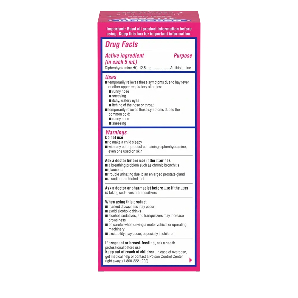 BENADRYL® Allergy Oral Solution Wild Cherry package back