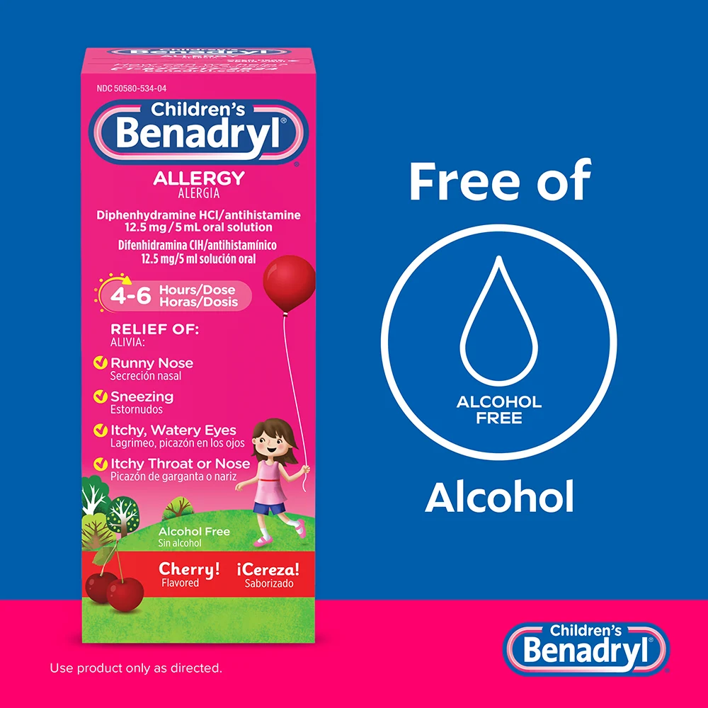 Children's BENADRYL®  Allergy Liquid cherry flavor,  alcohol-free, relieves runny nose, sneezing, itchy, watery eyes, and itchy throat or nose.