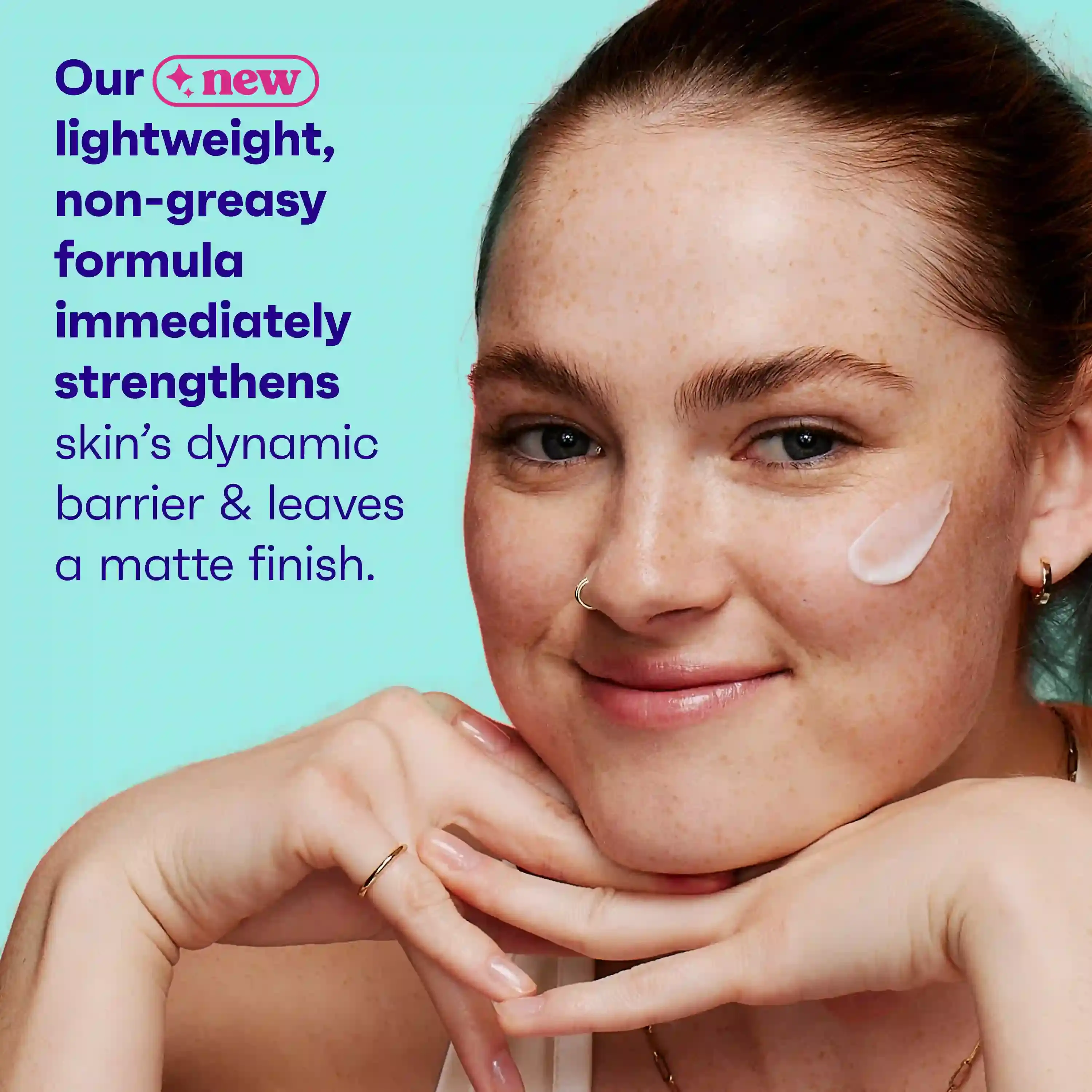 Woman with Clean & Clear® Daily Mattifying Moisturizer applied to her face, a lightweight non-greasy formula that strengthens skin's dynamic barrier and leaves a matte finish