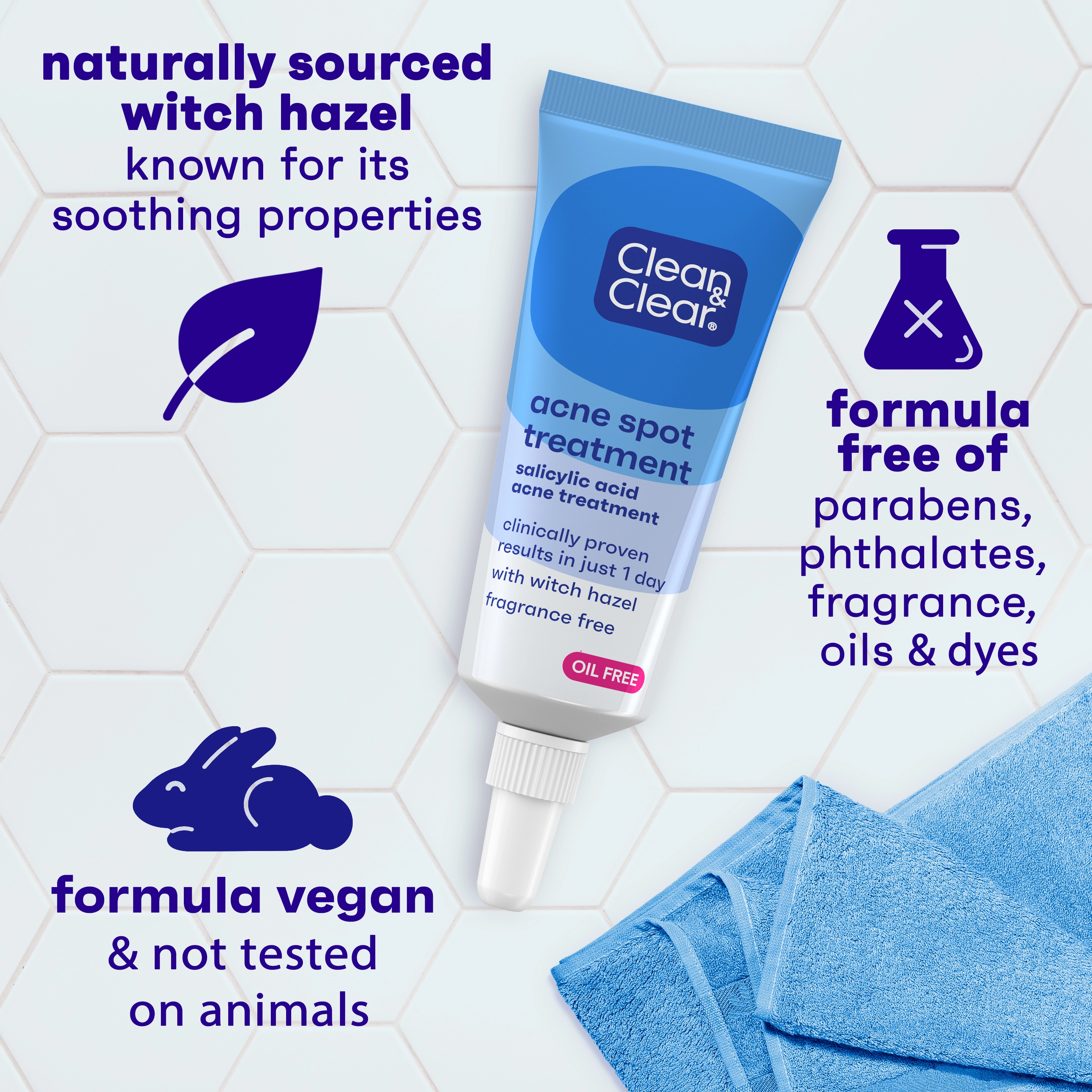 A tube labeled "Clean & Clear acne spot treatment" lies on a tiled surface. Text highlights its features: "naturally sourced witch hazel," "formula free of parabens, phthalates, fragrance, oils & dyes," "formula vegan & not tested on animals."