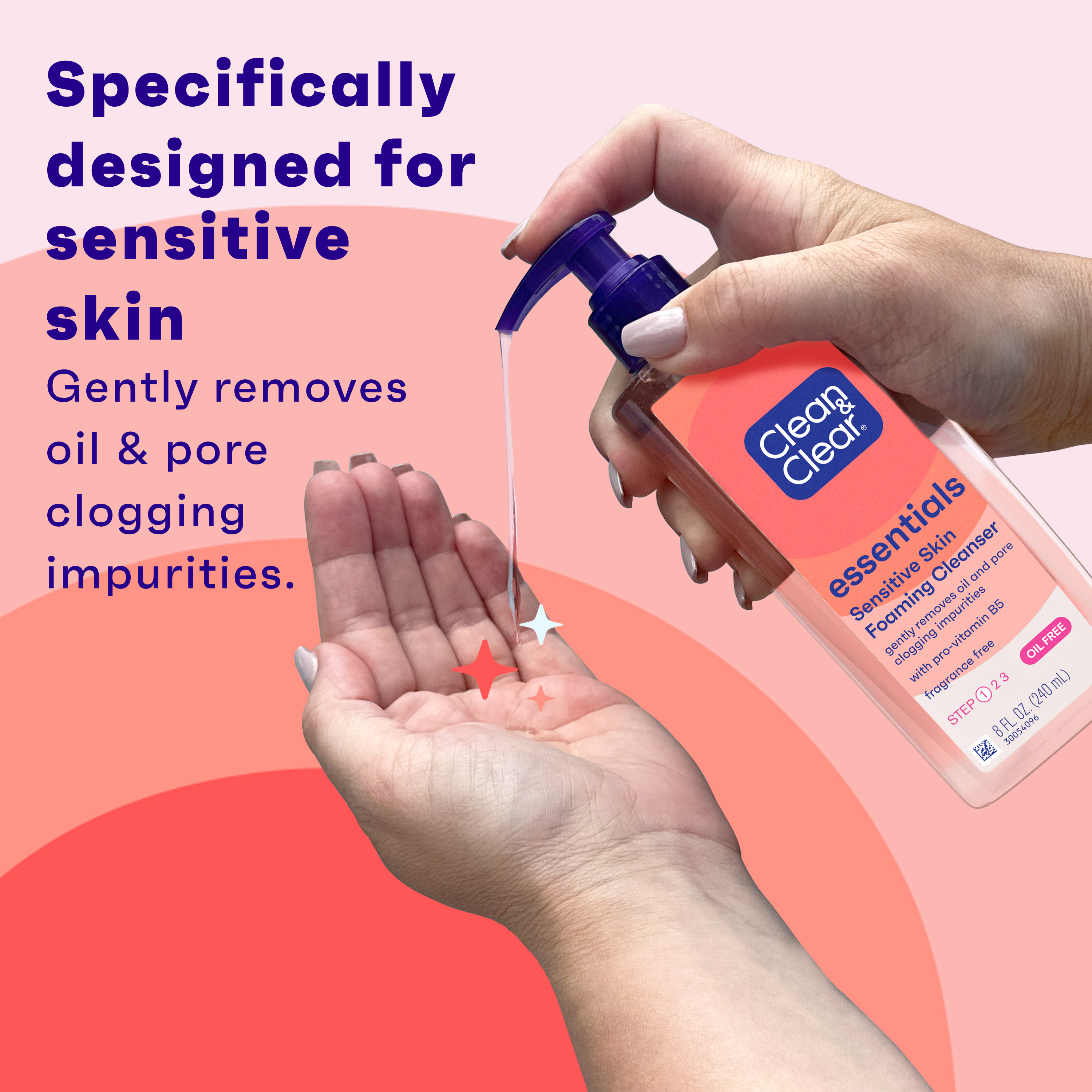 A hand dispenses liquid from a "Clean & Clear" bottle onto another hand. The backdrop features text: "Specifically designed for sensitive skin. Gently removes oil & pore-clogging impurities."