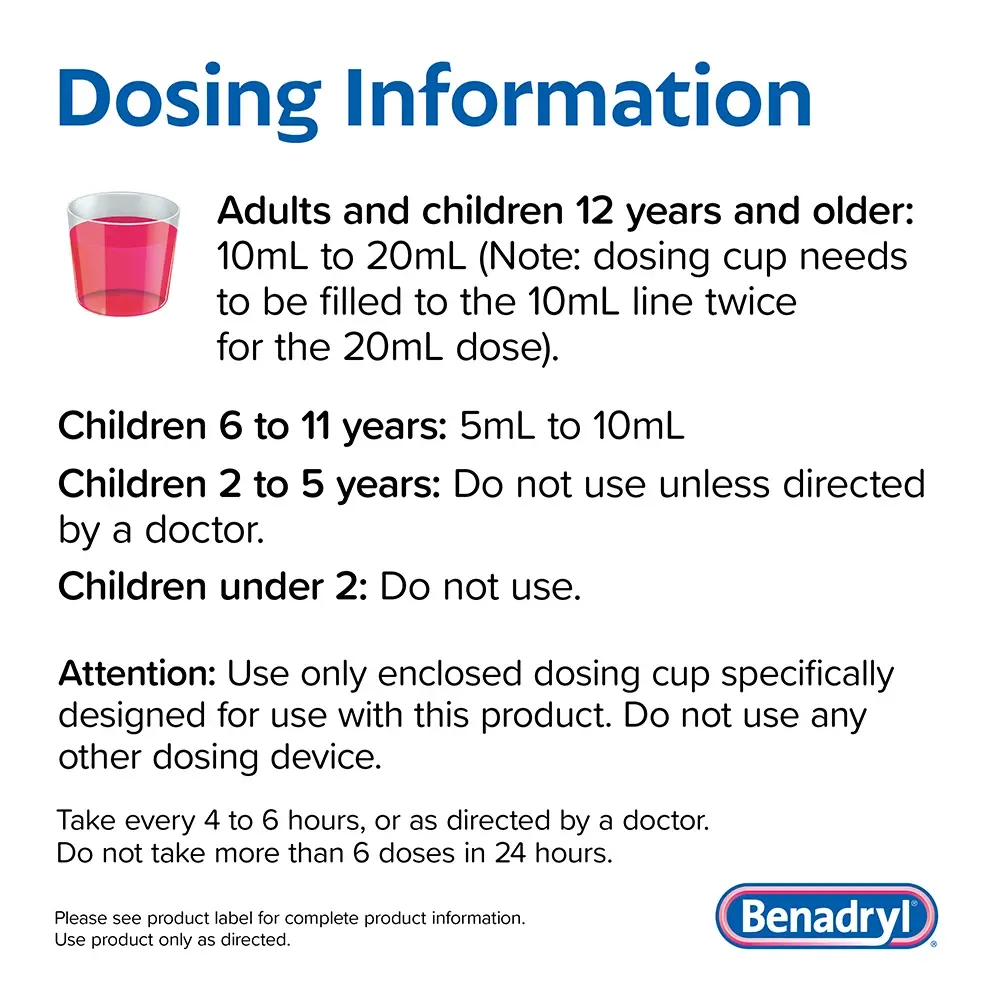 BENADRYL® Allergy Relief Liquid Medicine Wild Cherry dosing information