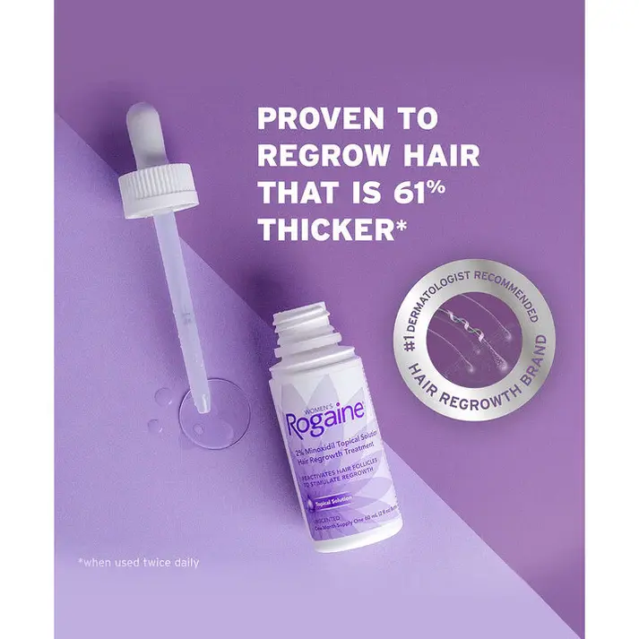 An open purple bottle of Women's Rogaine Topical Solution on a purple background.