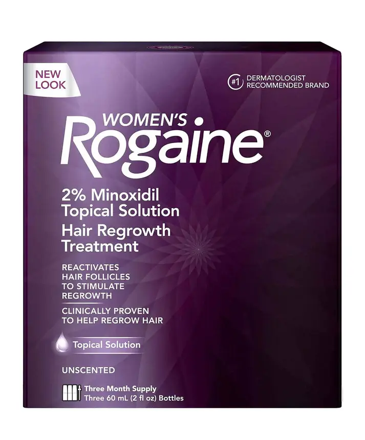 The front of a purple box of a three-month supply Women's ROGAINE® Topical Solution.