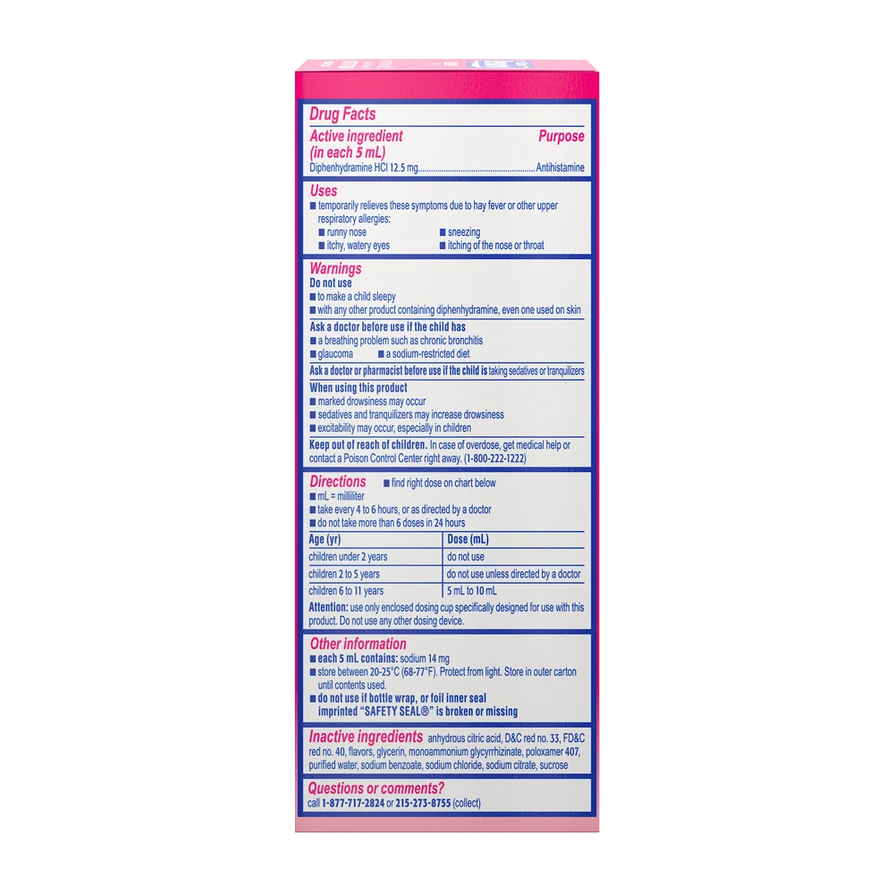 Children's BENADRYL® Allergy Liquid Cherry flavor 4 Fl. Oz drug facts