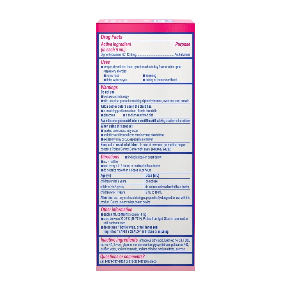 Children's BENADRYL® Allergy Liquid Cherry flavor 4 Fl. Oz drug facts