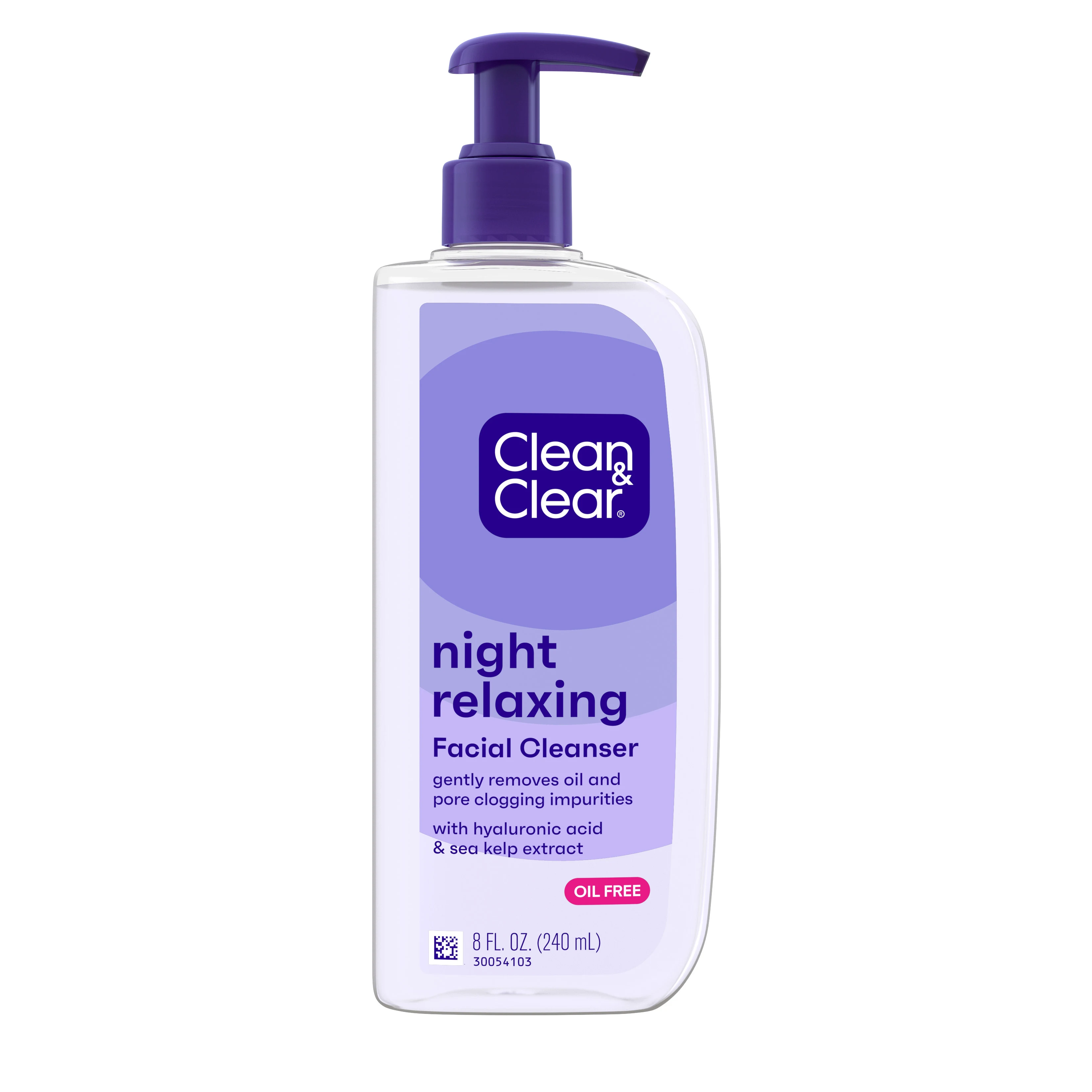 A bottle labeled "Clean & Clear night relaxing Facial Cleanser" with "NEW FORMULA" and "OIL FREE," containing 8 FL. OZ. (240 mL) of product. It has a purple and white design.