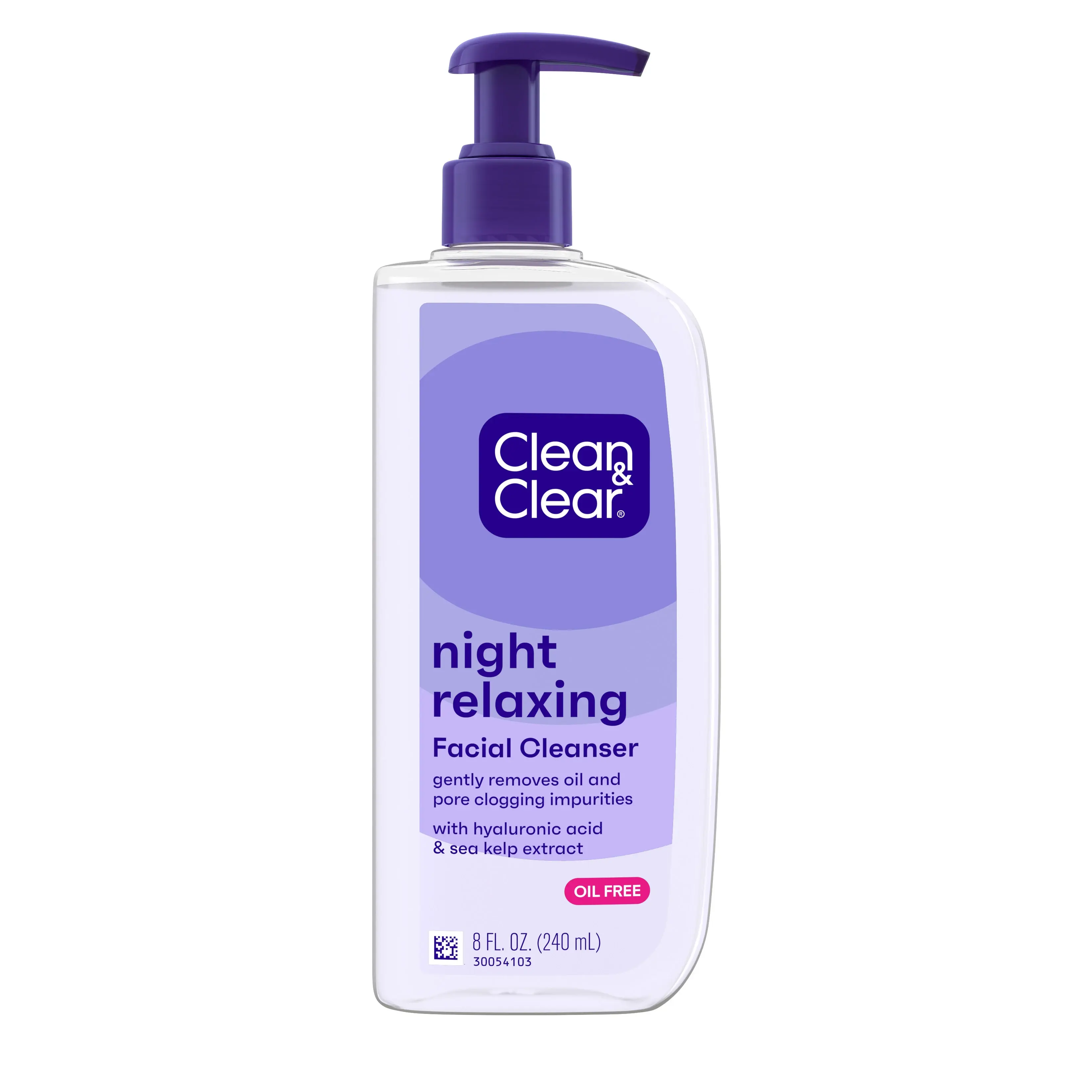 A bottle labeled "Clean & Clear night relaxing Facial Cleanser" with "NEW FORMULA" and "OIL FREE," containing 8 FL. OZ. (240 mL) of product. It has a purple and white design.