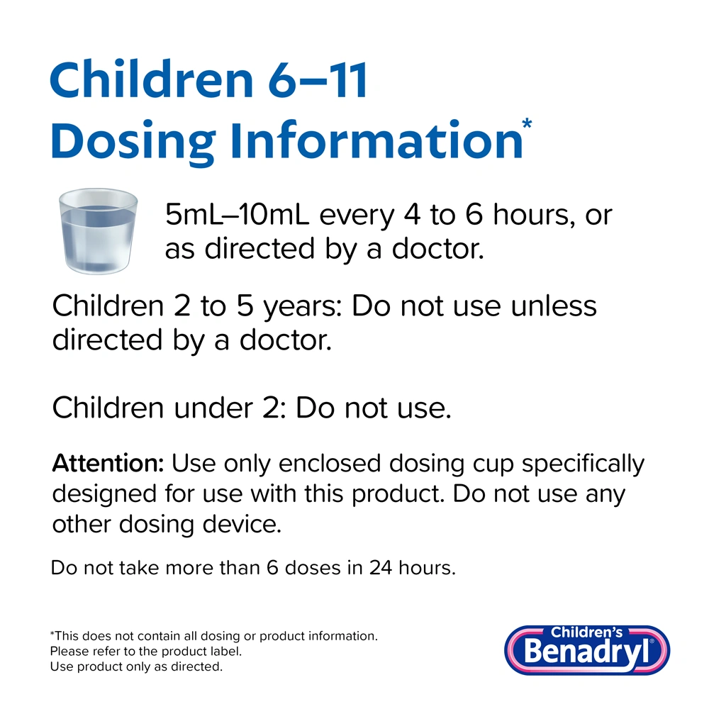 Children’s BENADRYL® Dye-Free Allergy Liquid bubble gum flavor Dosing Information