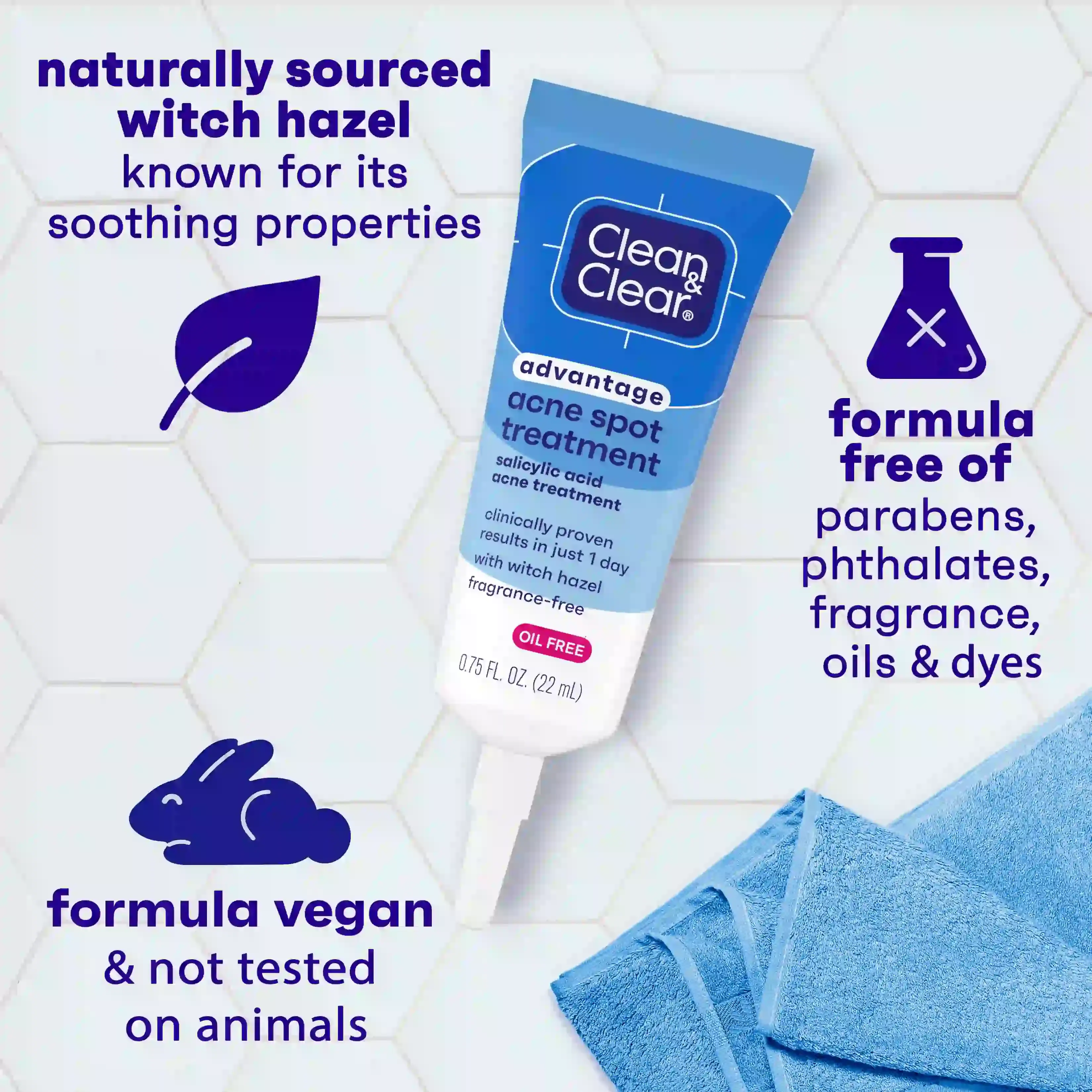 Clean & Clear® Advantage Acne Spot Treatment, vegan formula free of parabens and fragrance